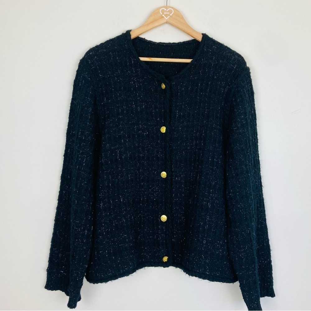 J. Crew black textured lady jacket with metallic threading throughout. Est. Lge - Picture 2 of 7